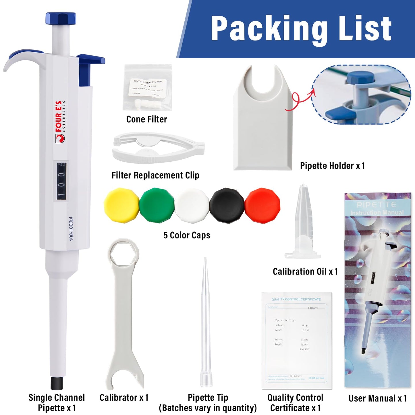 1000uL Micropipette, 1mL Lab Single Channel Micro Pipettes, Adjustable Variable Volume for Liquid Laboratory Scientific School
