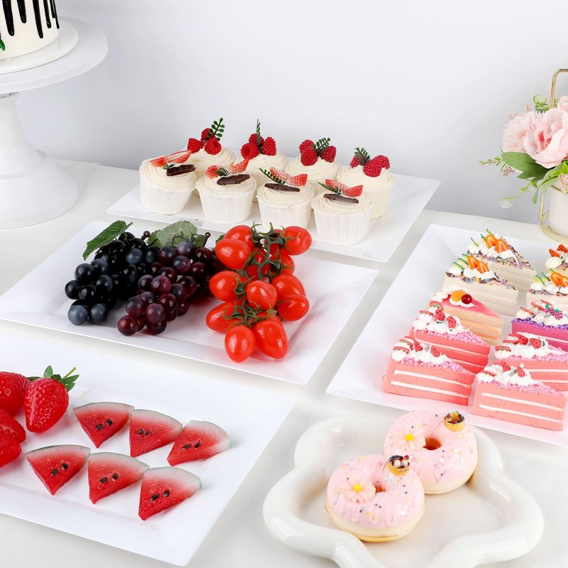 Mwellewm 12 Pcs White Plastic Serving Trays, 14''x9'' Rectangle Dessert Trays for Dessert Table, Party Food Display Set Disposable Platters Cookie Cupcake Gold Serving Tray for Birthday Party Wedding