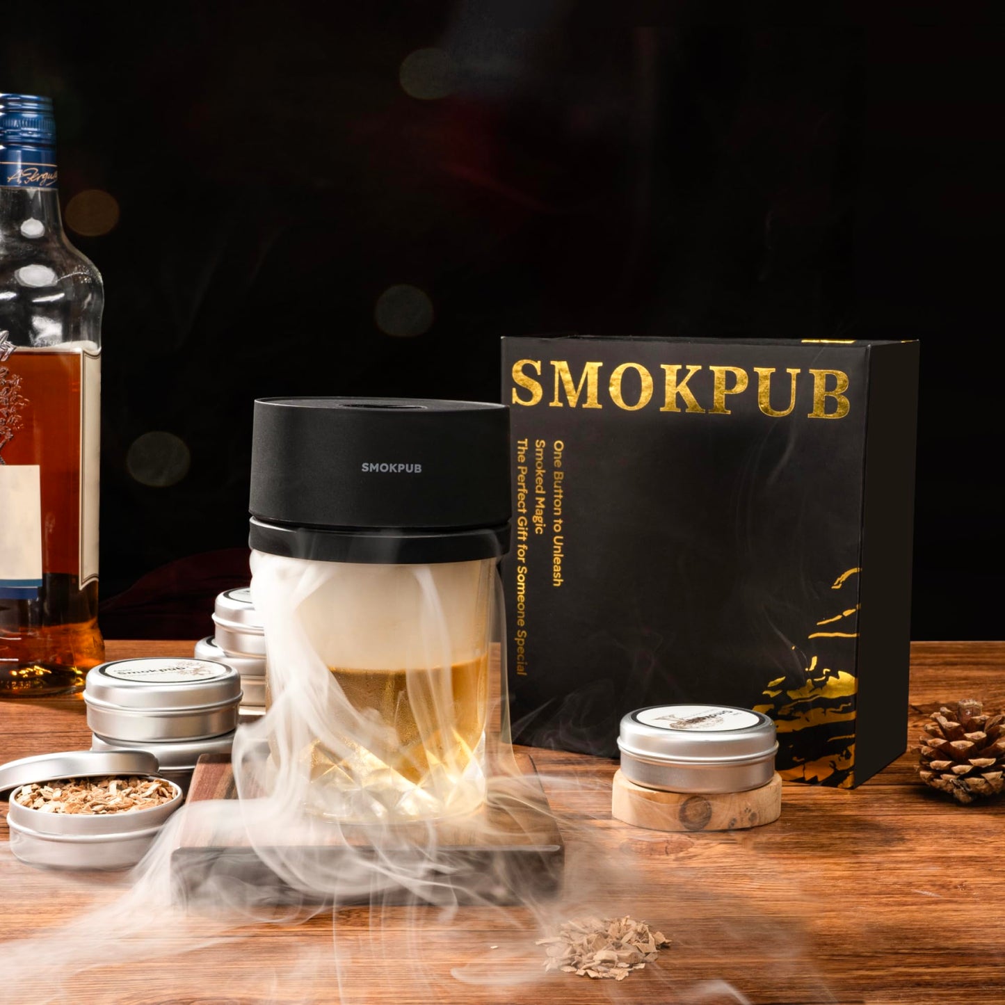SMOKPUB Electric Whiskey Smoker Kit, Rechargeable Cocktail Smoker with 6 Wood Chips, Flameless Heating System, Old Fashioned Drink Smoker Kit, Bourbon Whiskey Gifts for Men,Dad,Husband