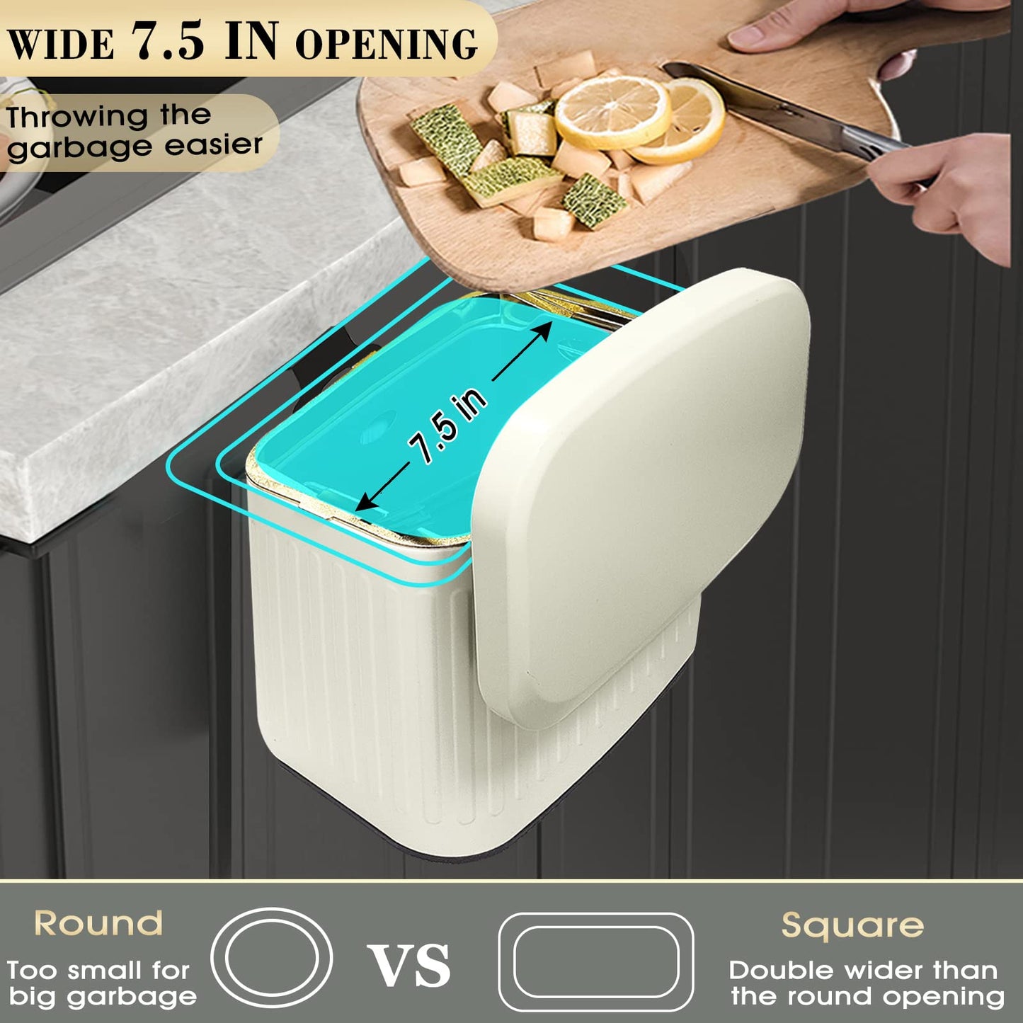 GloDeals Kitchen Trash Can with Lid, 2 in 1 Small Garbage Can Compost Bin Countertop, Wall-Mounted Under Sink Indoor Trash Bin for Kitchen, Bathroom, Cabinet Trash Can Hanging (4L, White/1.05 Gal)