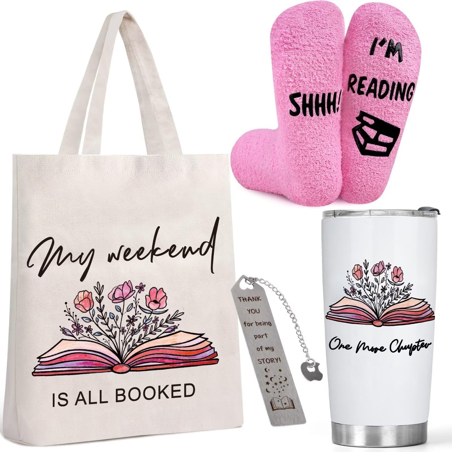 Gifts For Book Lovers - Book Accessories For Reading Lovers Include Canvas Tote Bag, 20oz Book Tumbler, Pink Sock, Bookmarks - Book Club Gifts For Readers Librarian Bookworms Friends Family