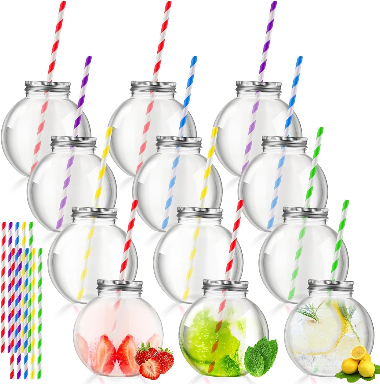 Yaomiao 24 Pcs 10 oz Mini Plastic Fish Bowl Ornament Cups for Drinks Clear Spherical Potion Bottles with Lids and Straws Bulb Cups for Christmas Carnival Candy Party Decorations (Red)