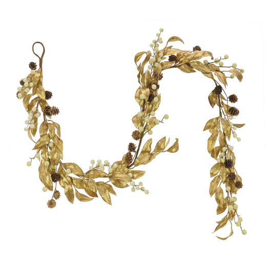 HGTV Home Collection Unlit Artificial Christmas Garland, Metallic Gold Laurel Leaves, Flexible Vine Base, Unlit, 6 Feet