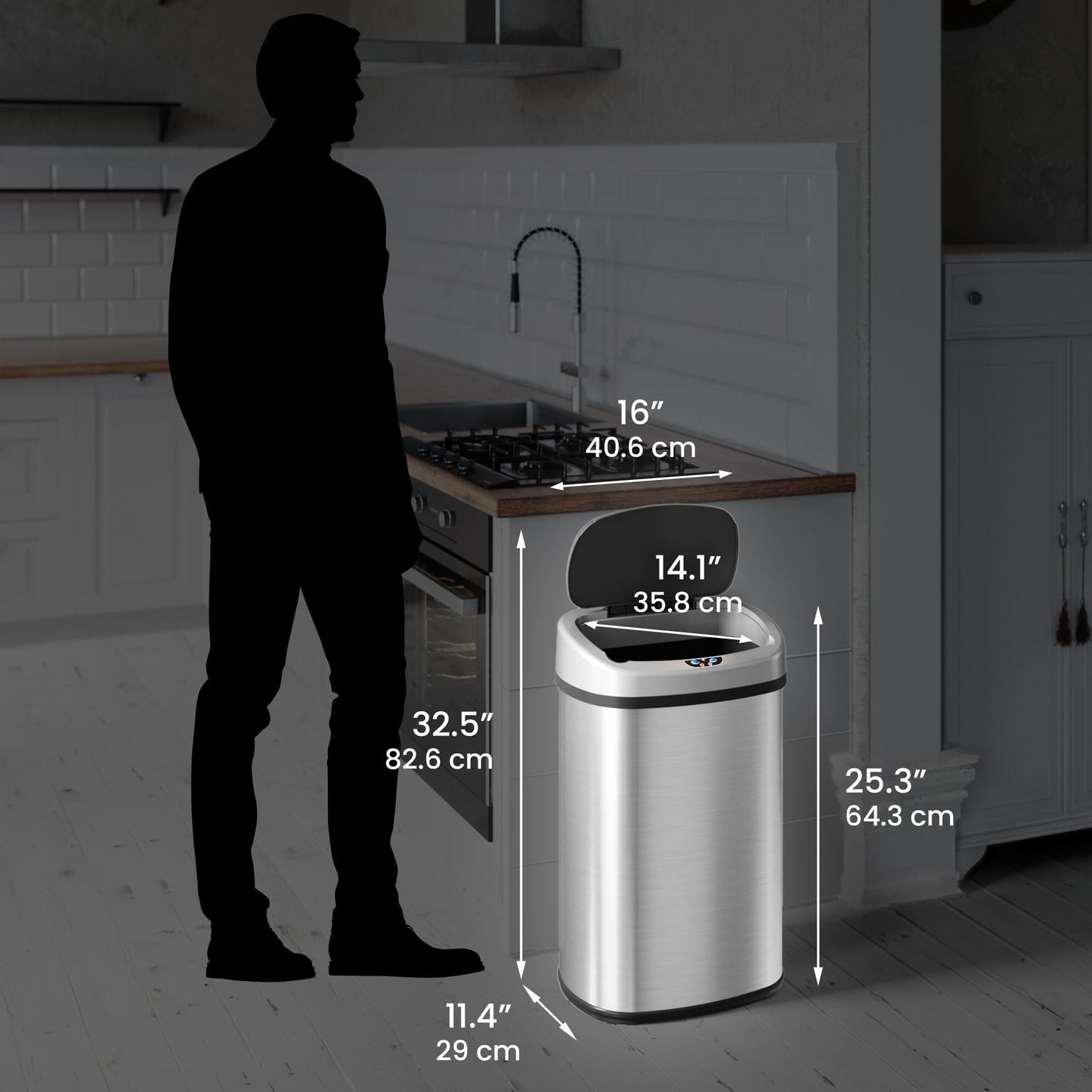 SensorCan 13 Gallon Touchless Sensor Odor Control System, Stainless Steel Oval Shape Automatic Garbage Bin, Base Model Trash Can
