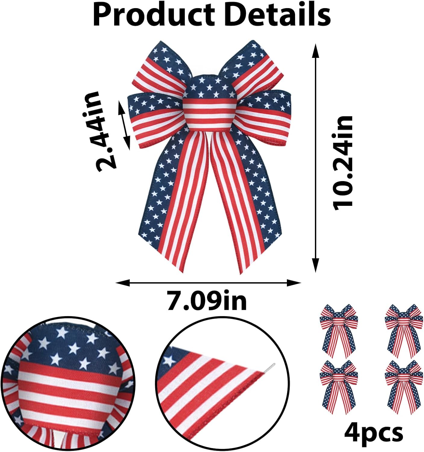 Patriotic Star Wreath Bows by 4pcs - Red, White & Blue Stripe Burlap for 4th of July & More