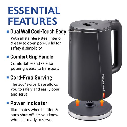 Elite Gourmet 1.7L Cool-Touch 1500W Fast Boil Electric Kettle, Fully Stainless Steel Lid & Interior BPA Free, Double Wall, Auto Shut-Off, Black