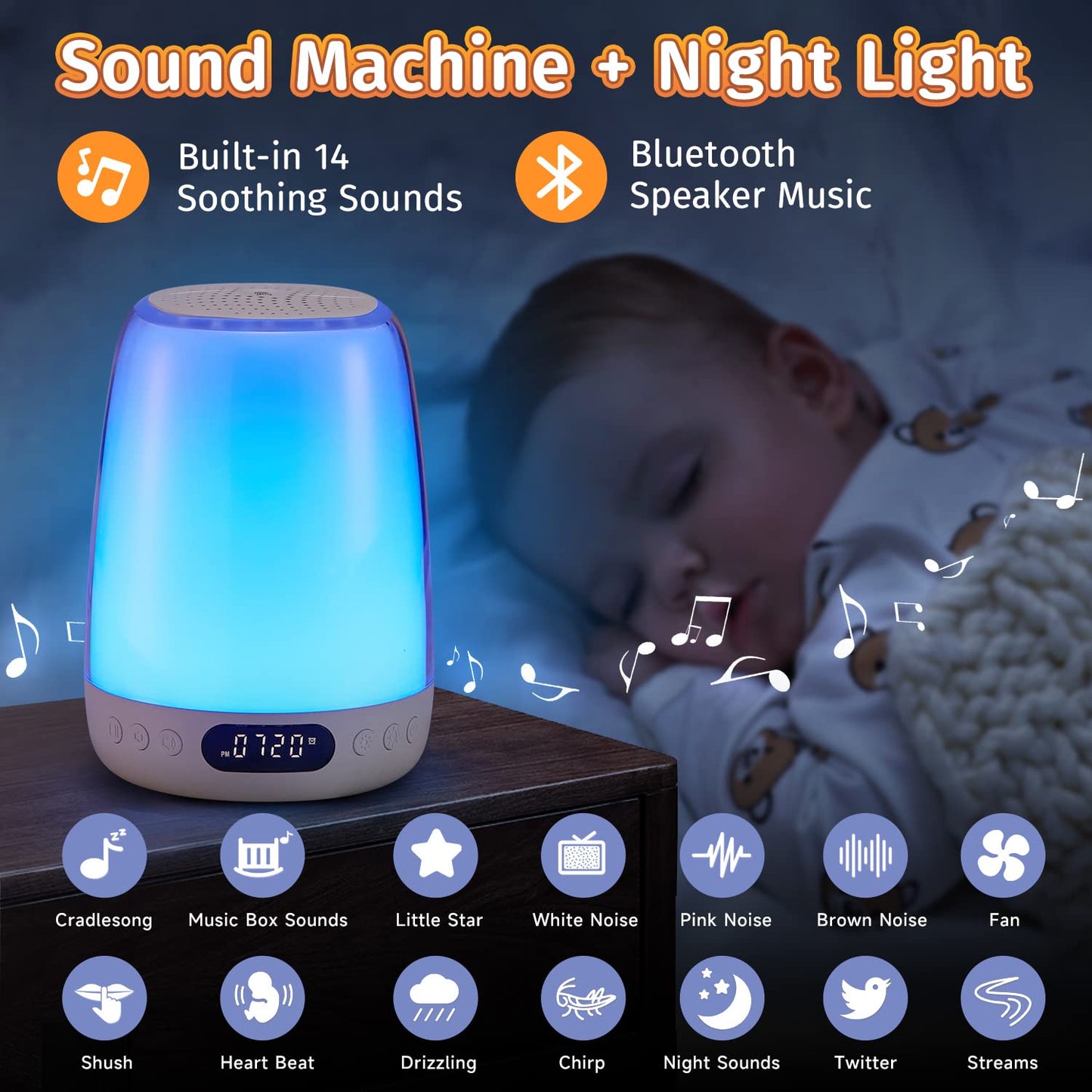 One Fire Sound Machine Baby Night Light for Kids, Bluetooth & 14 White Noise Kids Night Light, 48 RGB Colors Smart APP/Touch Night Light for Baby Nursery Night Light,Wake Up Alarm Clock for Kids Gifts