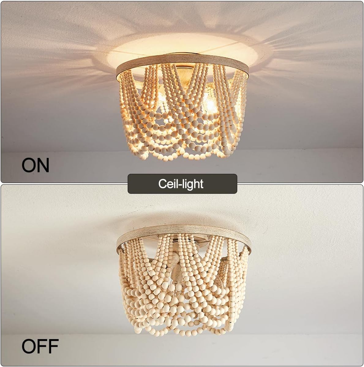 Farmhouse Boho Flush Mount Ceiling Light,3-Light Wood Bead Chandeliers,Black Metal Bohemia Hanging Pendant Lighting,Small Chandelier for Bedroom,Living Room,Entryway,Hallway