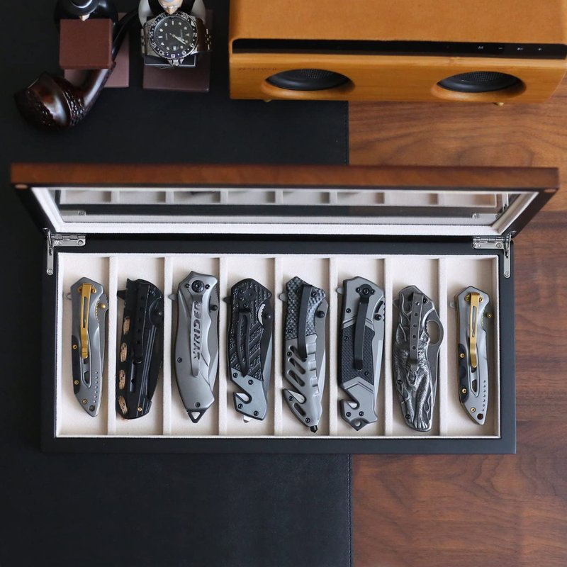 Besforu Knife Display Case Organizer storage 8 pocket knives, Folding Knife Holder with Real Glass Window Top, Pocket knife collection box for men gift (Walnut Veneer 8 slot)