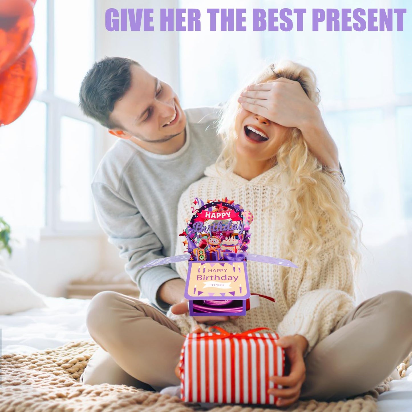Surprise Pop Up Happy Birthday Cards, Lovely 3D Birthday Card for Adults and Kids with Envelopes, Unique Design Handmade Foldable Greeting Cards for Daughter, Son, Mom, Dad, Friend(Deep Purple)