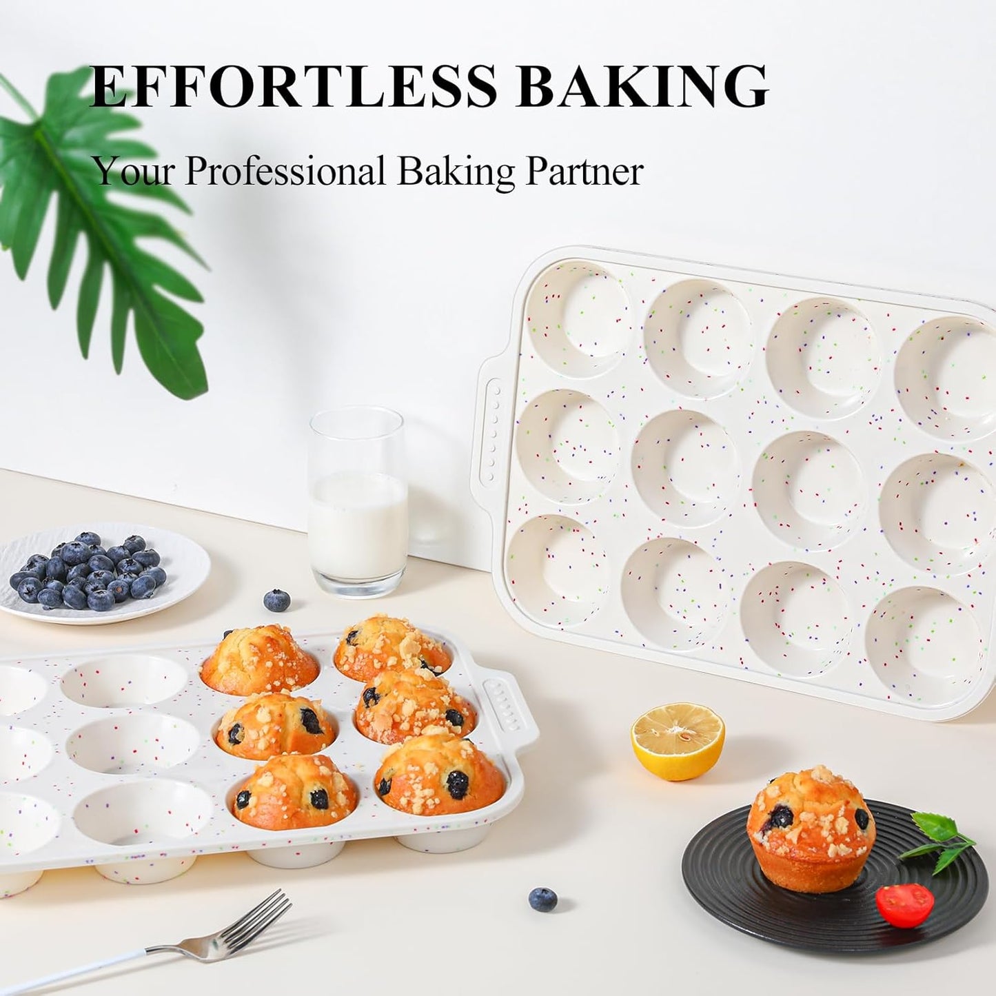 Vinino Silicone Muffin Pan - 2-Pack Nonstick Baking Tray with Metal Reinforced Frame | 12 Cups, BPA Free