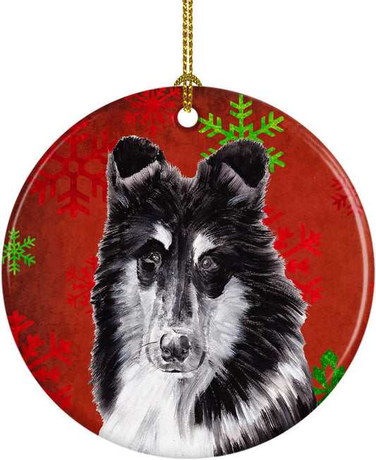 Black and White Collie Holiday Ceramic Ornament - Red Snowflakes Christmas Tree Decoration, 3 in