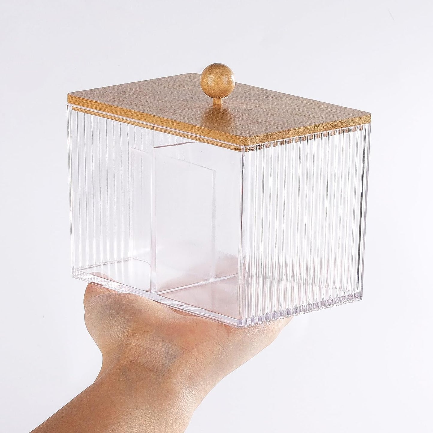 Ohlove Qtip Holder - Bamboo Lids & 3 Compartments | Clear Plastic Cotton Ball Dispenser