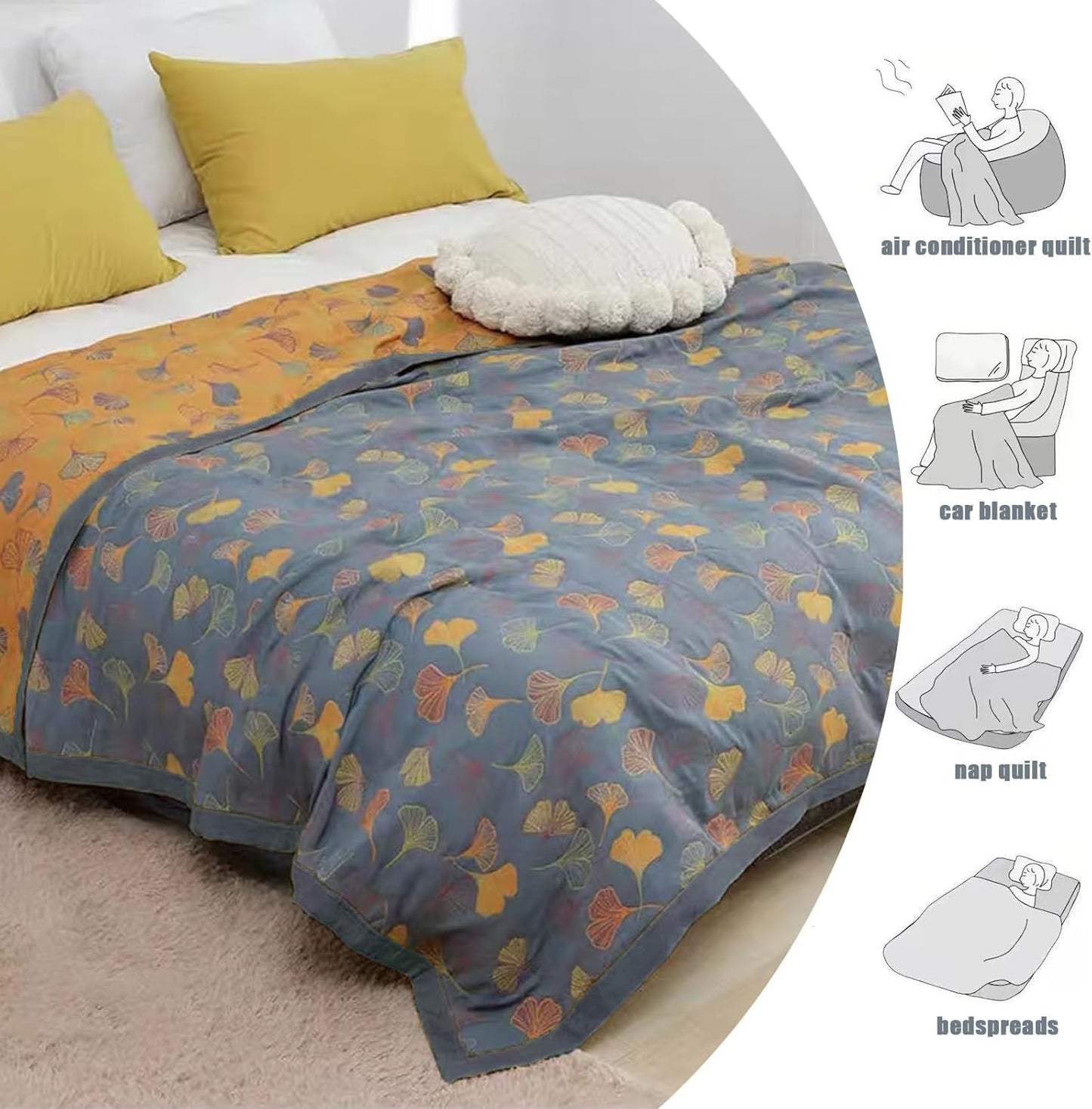 Reversible Ginkgo Quilted Throw Blankets Cotton Muslin Quilted Throw Blankets Soft King Size Throw Blanket Lightweight Breathable Throw Blanket for Couch (79''W*91''L)
