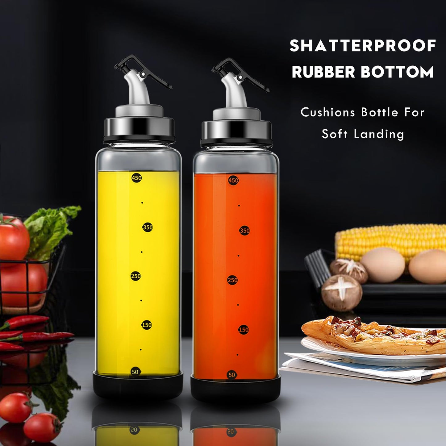 BENEBYR Glass Olive Oil Dispenser Bottle with Leakproof Pourer Spout and Shatterproof Rubber Bottom, Cooking Oil Dispenser Bottle for Kitchen 17 oz Heat Resistant Olive Oil Bottle for Oil & Vinegar