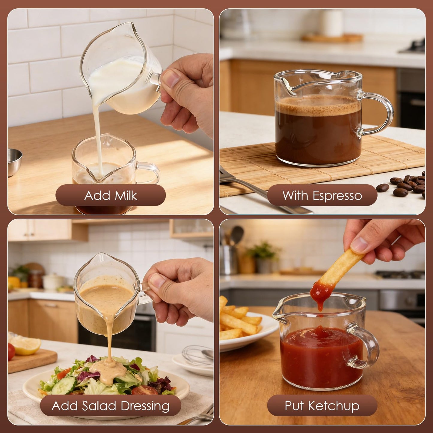Adorever Espresso Cups Set of 2, 4oz Double Spout Shot Glasses with Handle - Clear Glass Milk Cup for Espresso, Latte Art & Cappuccino - Barista Tools & Home Coffee Machine
