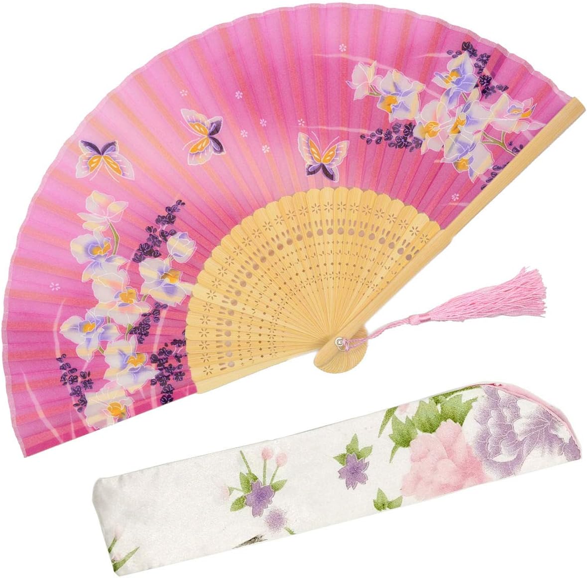 Handmade Silk Folding Fan with Bamboo Frame - Vintage Chinese/Japanese Style for Women & Girls - Gift-Ready with Protective Sleeve (WZS-33)