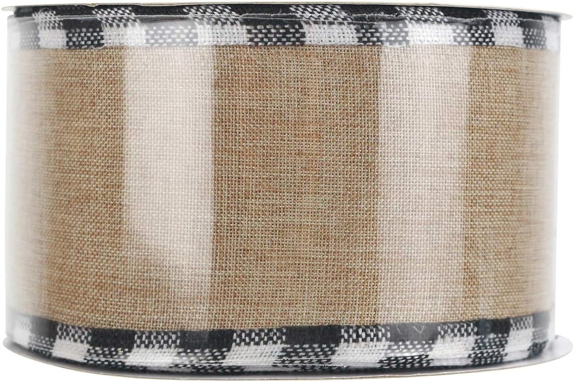 MEEDEE Burlap Christmas Ribbon - 2.5 Inch Wired Plaid with Black & White Edging | 10 Yards for Tree & Wreath Decor