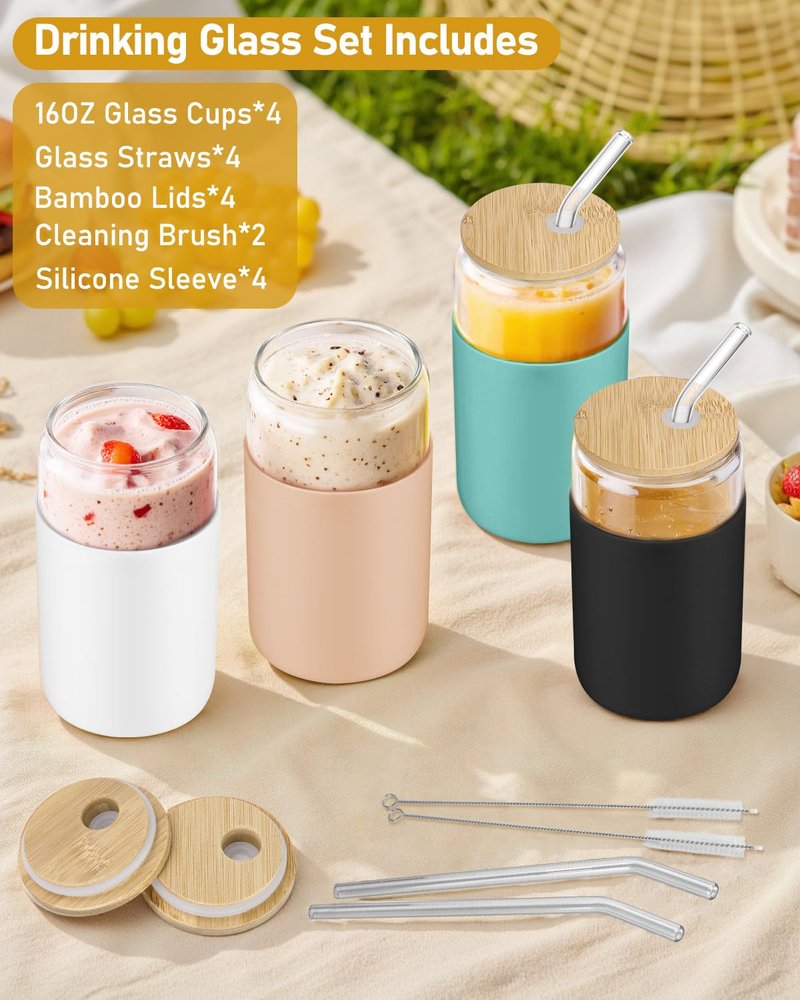 sungwoo Glass Cups with Lids and Straws, 4 Pack 16OZ Iced Coffee Cups with Silicone Sleeve, Glass Tumbler with Straw and Bamboo Lid, Home Essential Drinking Set for Juice, Cocktail and Latte 4 Colors