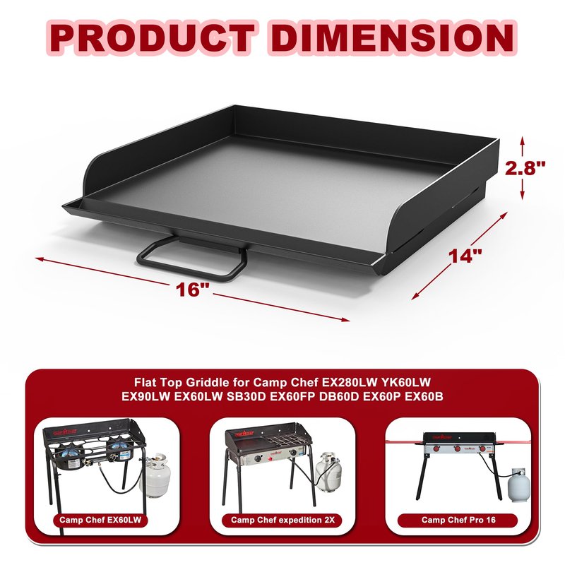 TAILGRILLER Universal Flat Top Griddle for Camp Chef, 14" x 16" Fry Griddle Pan for Camp Chef EX280LW YK60LW EX90LW EX60LW SB30D EX60FP DB60D EX60P EX60B