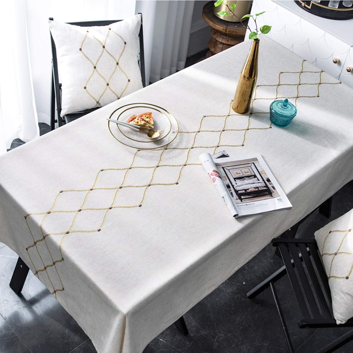 Heavyweight Cotton Linen Embroidery Tablecloth - Waterproof & Dust-Proof for Kitchen Dining (53 x 70 Inch, Rectangle/Oblong)