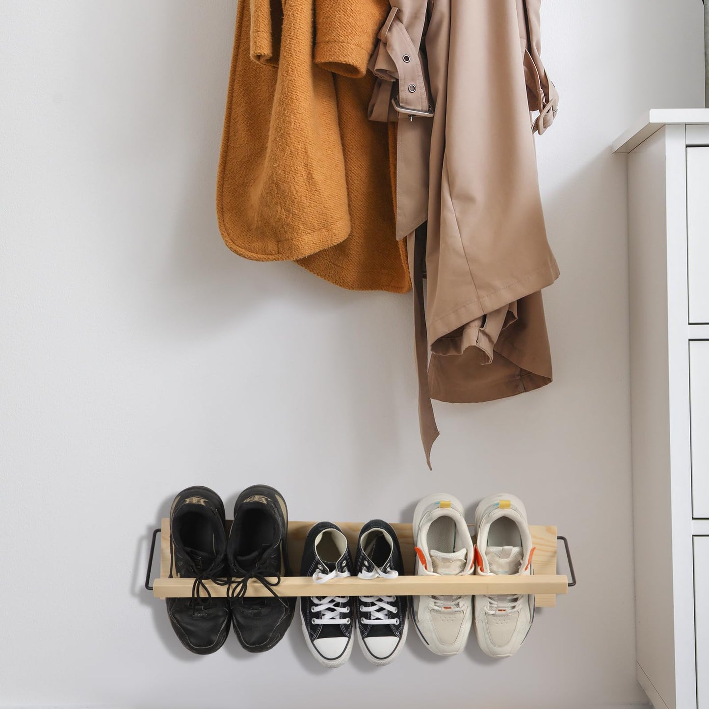 Mifoci 2 Pcs Wall Mounted Shoe Rack Organizer Wooden Modern Compact Wall Space Saving Shoe Holder Storage for Sneaker Footwear Slipper Boots Entryway Narrow Spaces Hallway(28.35'' Long)