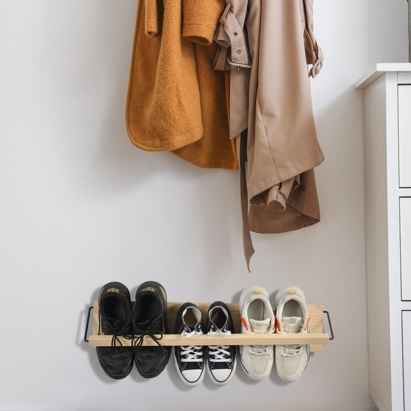 Mifoci 2 Pcs Wall Mounted Shoe Rack Organizer Wooden Modern Compact Wall Space Saving Shoe Holder Storage for Sneaker Footwear Slipper Boots Entryway Narrow Spaces Hallway(28.35'' Long)
