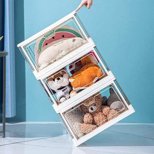 HYBRIDEAS Clear Stackable Storage Bins - 3-Pack with Lids & Magnetic Doors | Large 24 QT Organizers for Bedrooms & Living Rooms