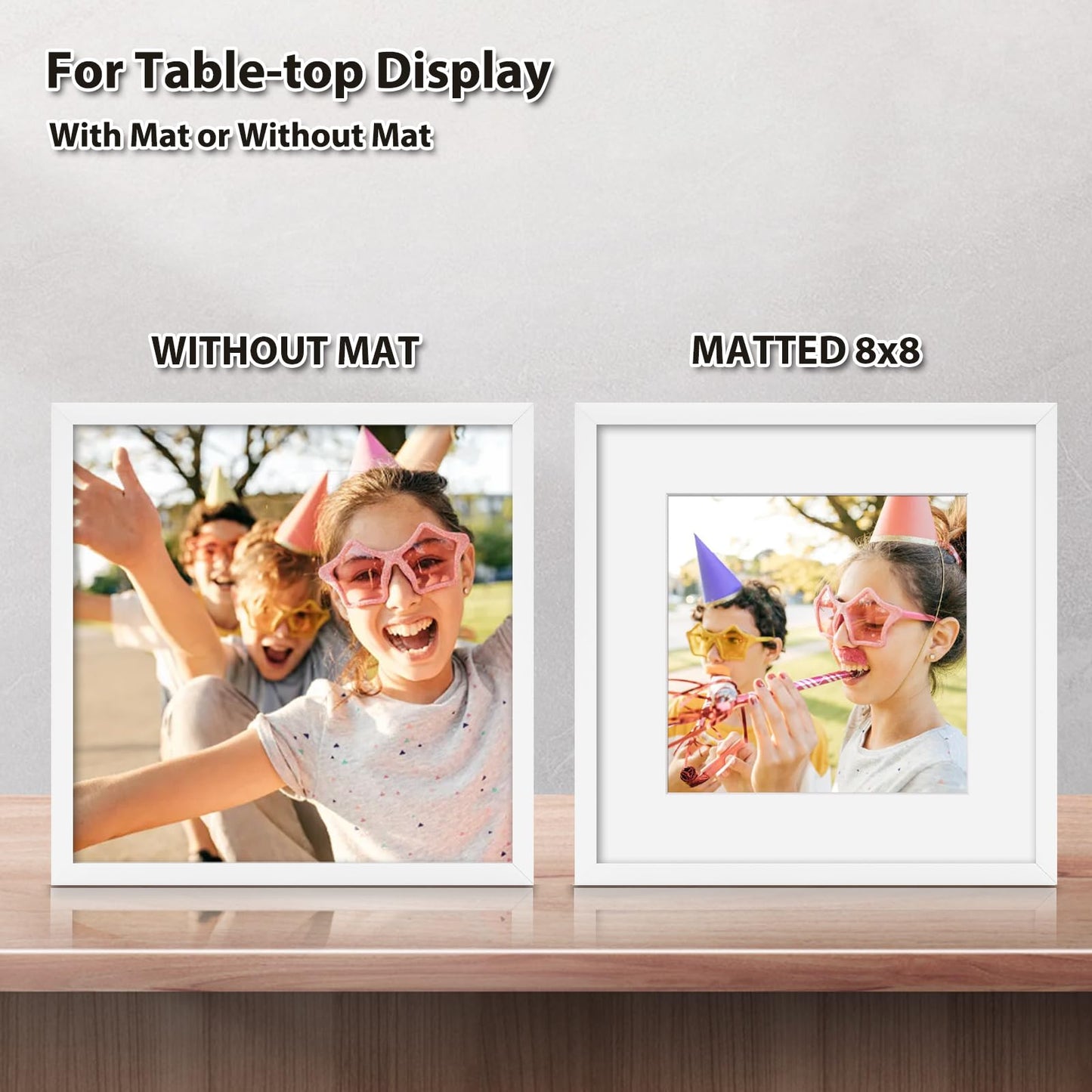 KINLINK 12x12 Picture Frames White, Square Photo Frames with Plexiglass for Picture 8x8 with Mat or 12x12 without Mat, Composite Wood Picture Frames for Top and Wall Mounting, Set of 4