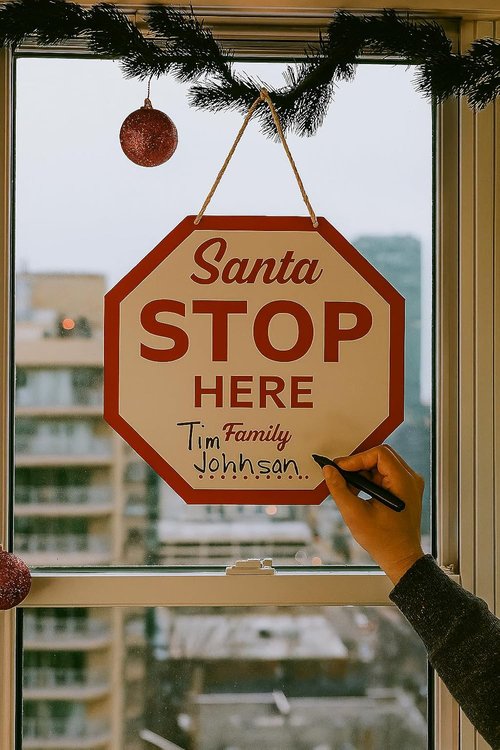 Christmas Santa Please Stop Here Sign - Wooden Front Door Hanger for Holiday Decor | Indoor & Outdoor Use
