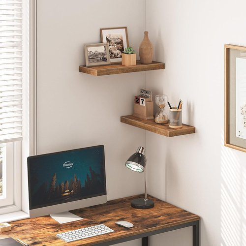 HOOBRO Floating Wall Shelves - Set of 2 Rustic Brown 15.7" Shelves with Invisible Brackets for Home & Office