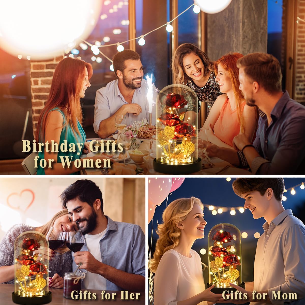 Birthday Gifts for Women,Beauty and the Beast Rose in Glass Dome,Preserved Rose with Warm Lights,Flower for Delivery Prime,Forever Flower Gifts for Women Mom Wife Girlfriend, Anniversary Birthday Gift