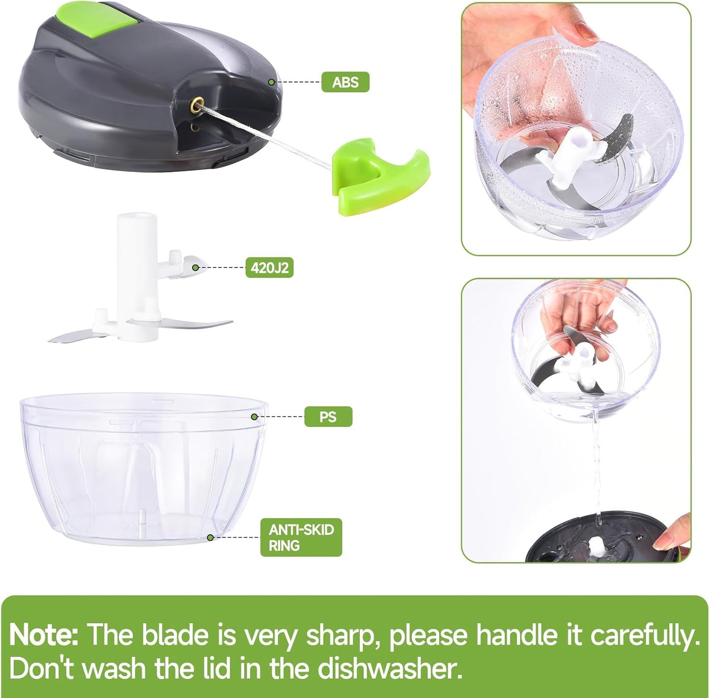 Skiennix Manual Food Processor - Portable Hand-Pull Vegetable Chopper | 500ml Gray-Green Mincer for Garlic, Onions, and More