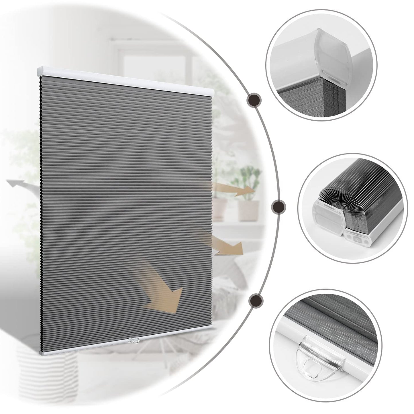 HOMEDEMO Blackout Cellular Shades Cordless, Honeycomb Shade Blinds, Thermal Insulated Noise Reduction for Windows Inside & Outside Mount Grey-Blackout 24" W x 64" H