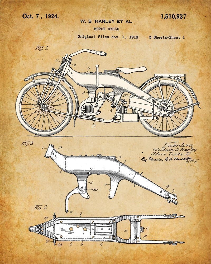 Harley Davidson Motorcycle Patent Wall Art Prints - Set of 4 Unframed 8x10 Posters for Home Decor & Gifts