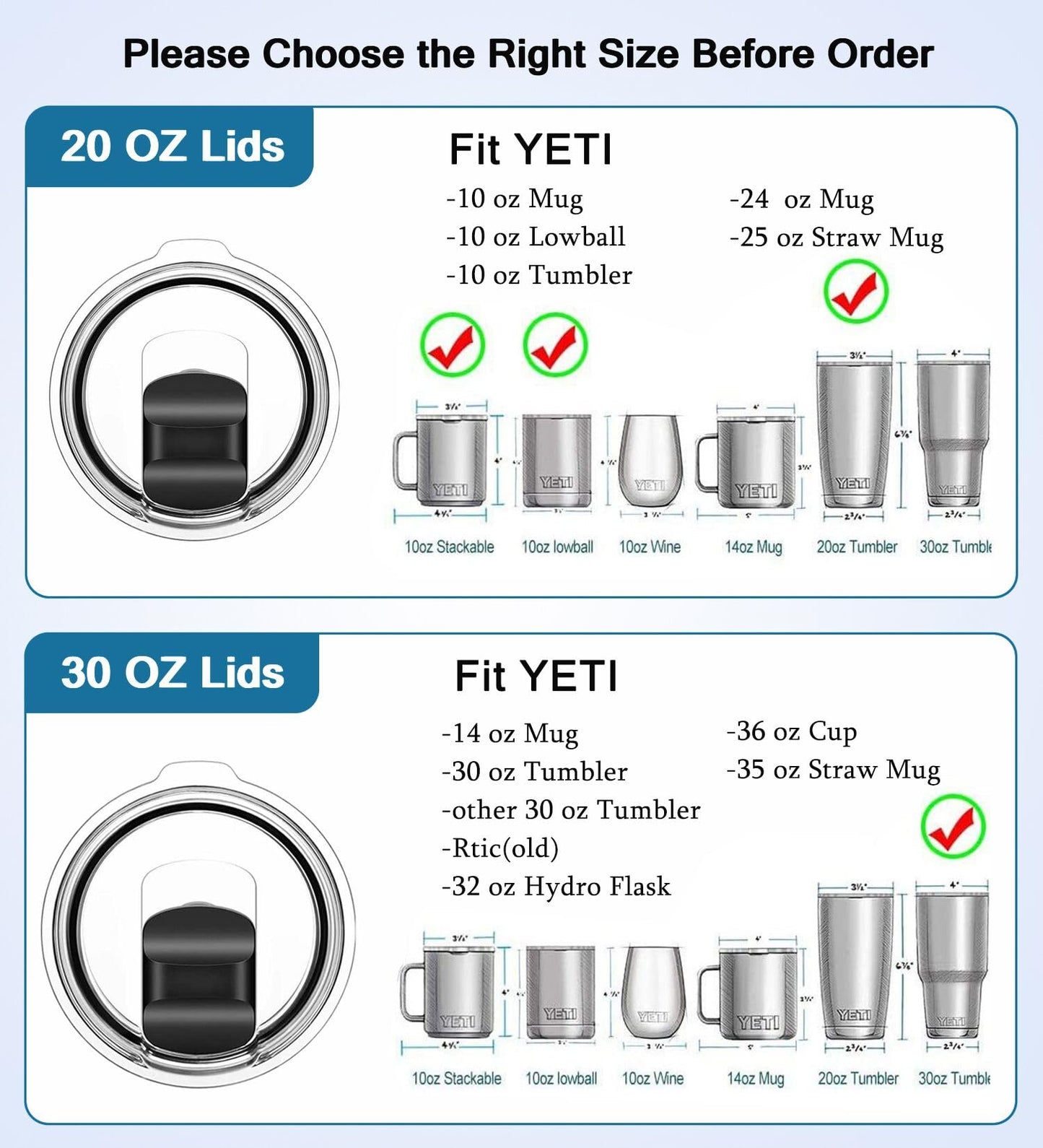 Tumbler Lid for Yeti 20 oz Tumbler, 10/24 oz Mug and 10 oz Lowball, 2 Pack Travel Spill Proof Cup Lids Covers with Magnetic Slider Switch