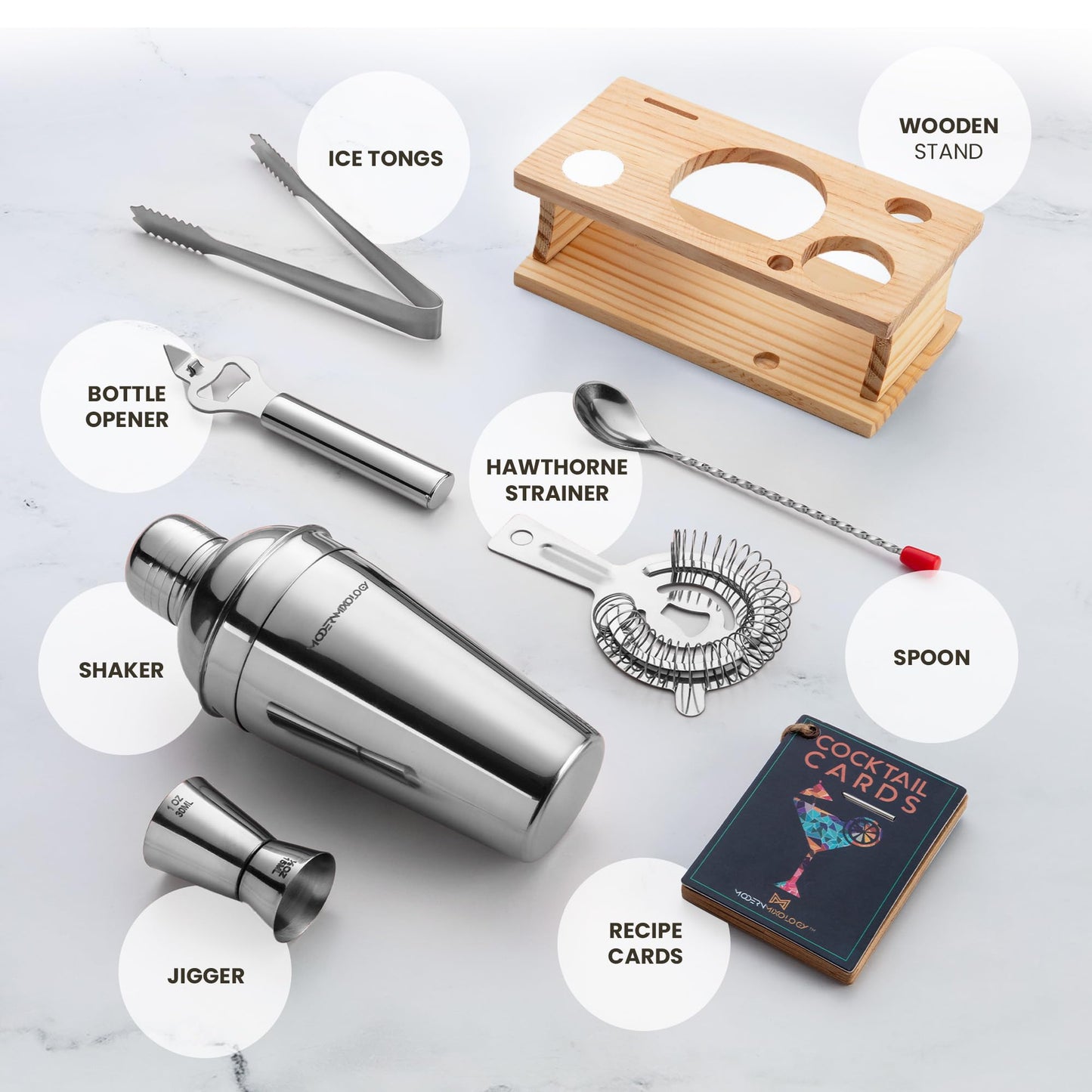Modern Mixology Cocktail Shaker Set - Bartender Kit with Pine Stand | Leak-Proof Design | Includes Martini Shaker, Jigger, Strainer, Spoon, Tongs | Perfect Bar Tools Gift for Home Mixology (Silver)