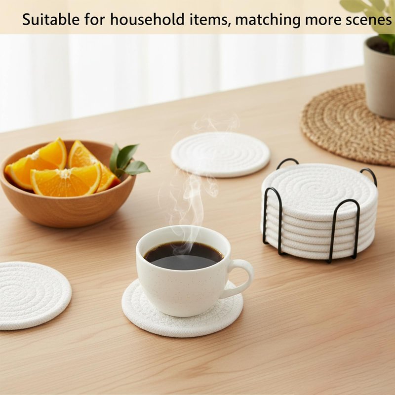 ZEXOLAP Drink Coasters Set of 8 with Holder – Cotton Woven Absorbent Coasters, 4 Colors for Coffee, Beer, Drinks & Tabletop Protection