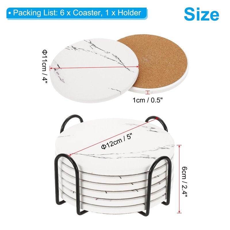 PATIKIL Ceramic Stone Coasters, 6pcs Cork Base Absorbent Cup Coasters Set Marble Coasters with Holder for Drinks in Kitchen Home, White