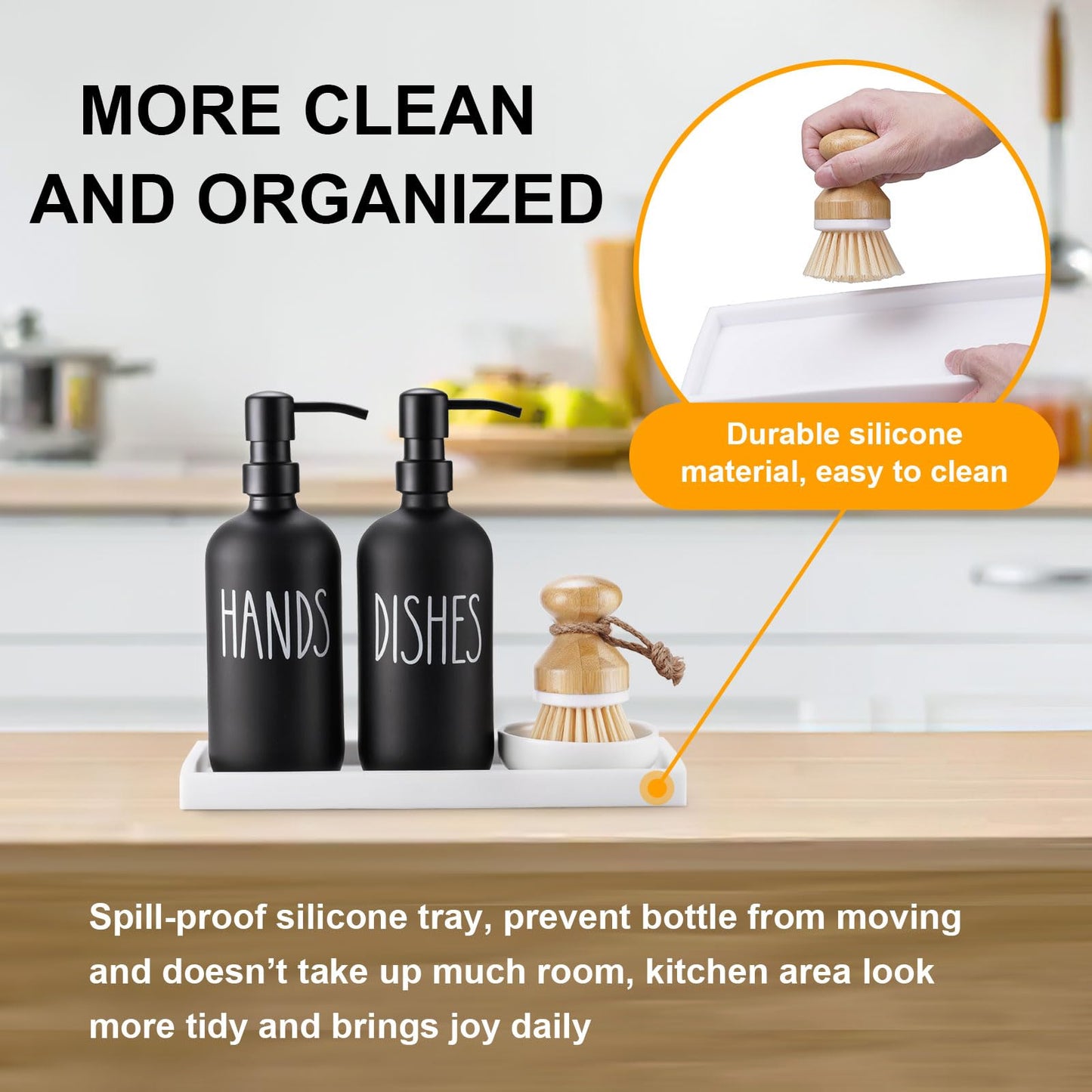 Glass Soap Dispenser for Kitchen Sink,Farmhouse Kitchen Dish Soap Dispenser&Hand Soap Dispenser Set,Rustproof Pump Soap Dispenser Set with Tray and Dish Brush,Kitchen Decor(Black)