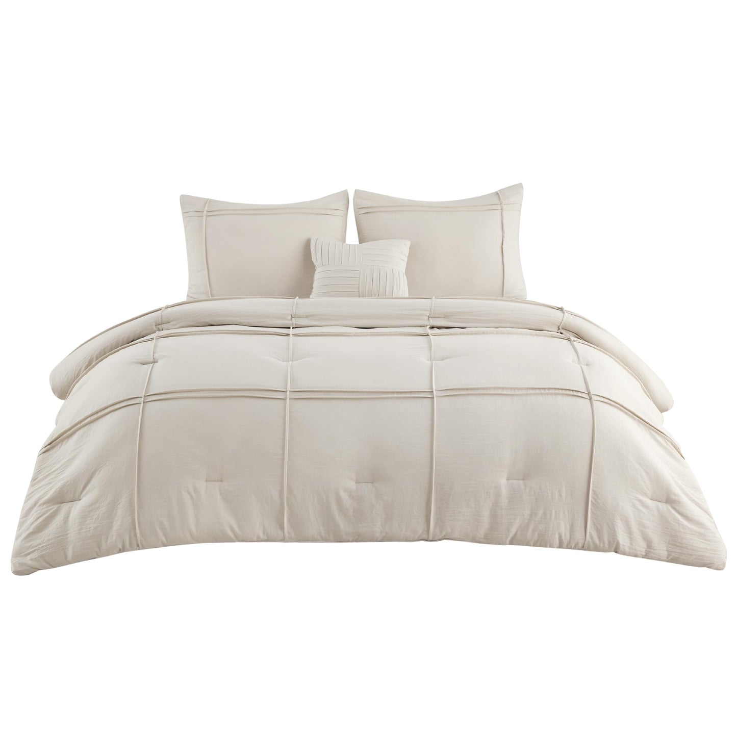 Bedsure King Comforter Set - 4 Pieces Grid Pleat Bed Set, Beige Boho Bedding for All Season, 1 Soft Comforter, 2 Pillowcases, 1 Decorative Pillow