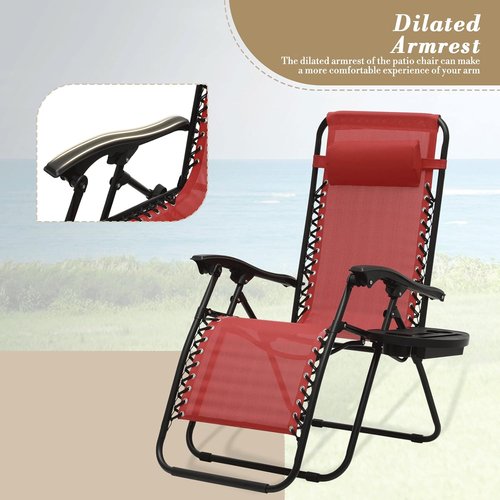 Athena Collection Zero Gravity Lounge Chairs - Set of 2 with Cup Holder | Dark Red Outdoor Recliners