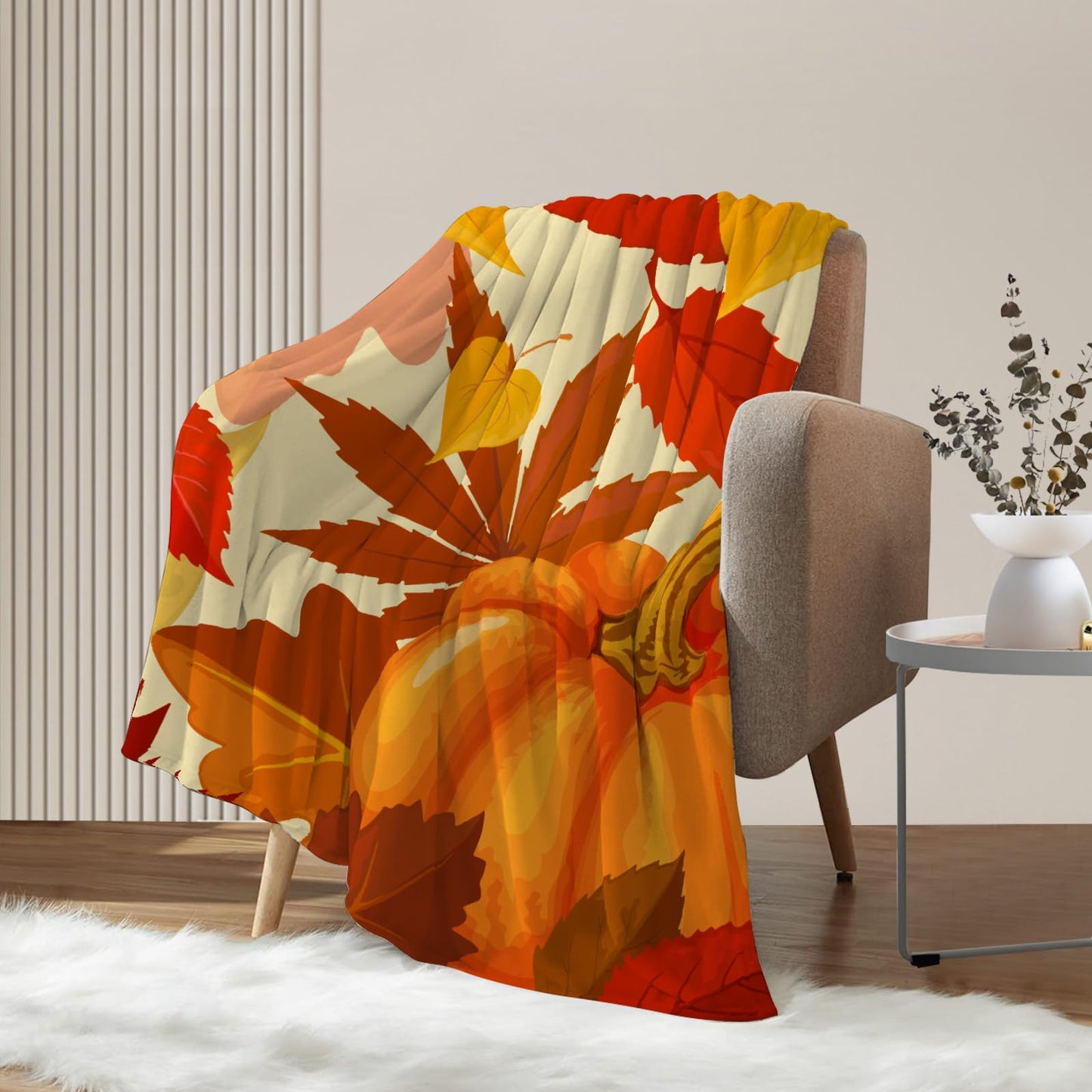 Neatee Living Fall Decorative Throw Blanket Orange Thanksgiving Autumn Pumpkin LeavesThrow Blanket for Couch Sofa Bed Outdoor Lightweight Fuzzy Soft Plush Fleece Lap Blankets and Throws 50x60