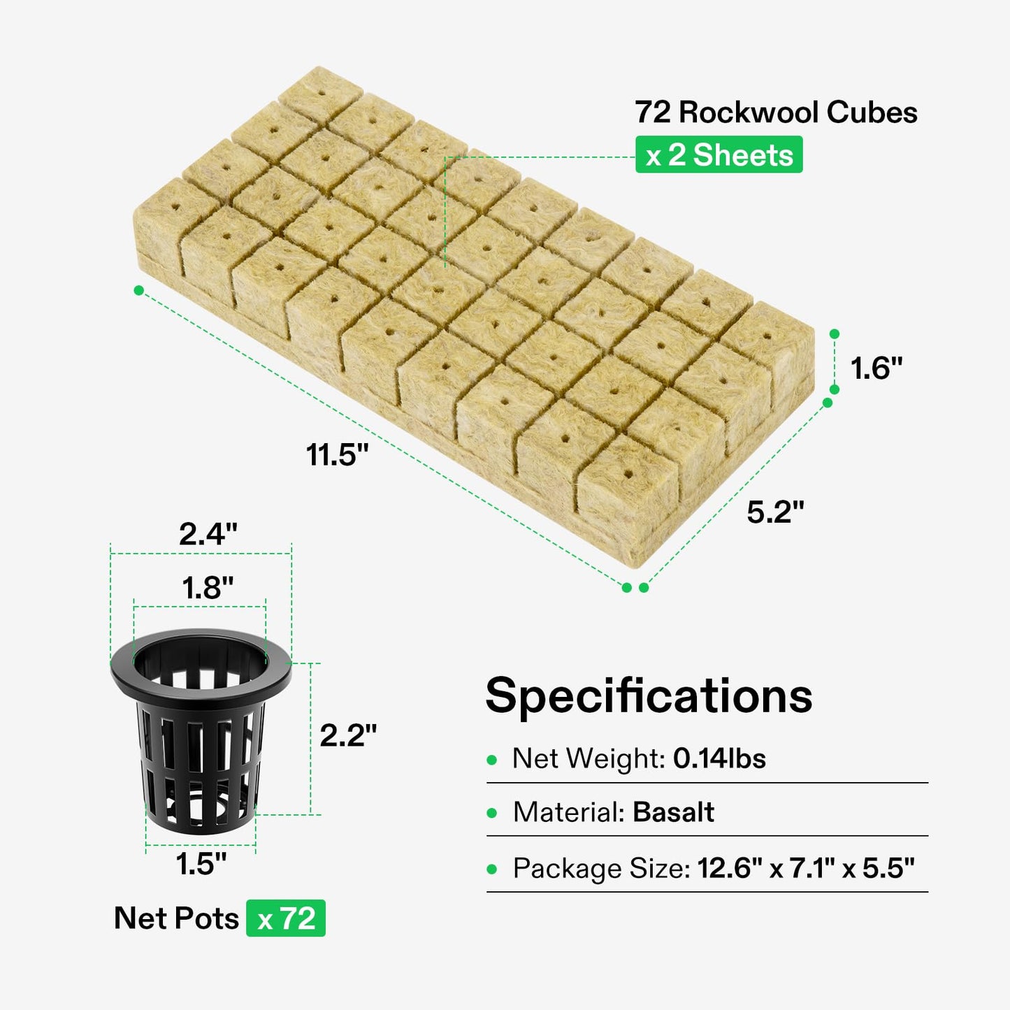 VIVOSUN 72 Rockwool Cubes & Net Pots Set for Hydroponics, 1.2” x 1.2” x 1.6” Cubes, 72 Plugs & 72 2” Net Cups for Hydroponic Growing, Seed-Starting, Cloning, Tower Gardens