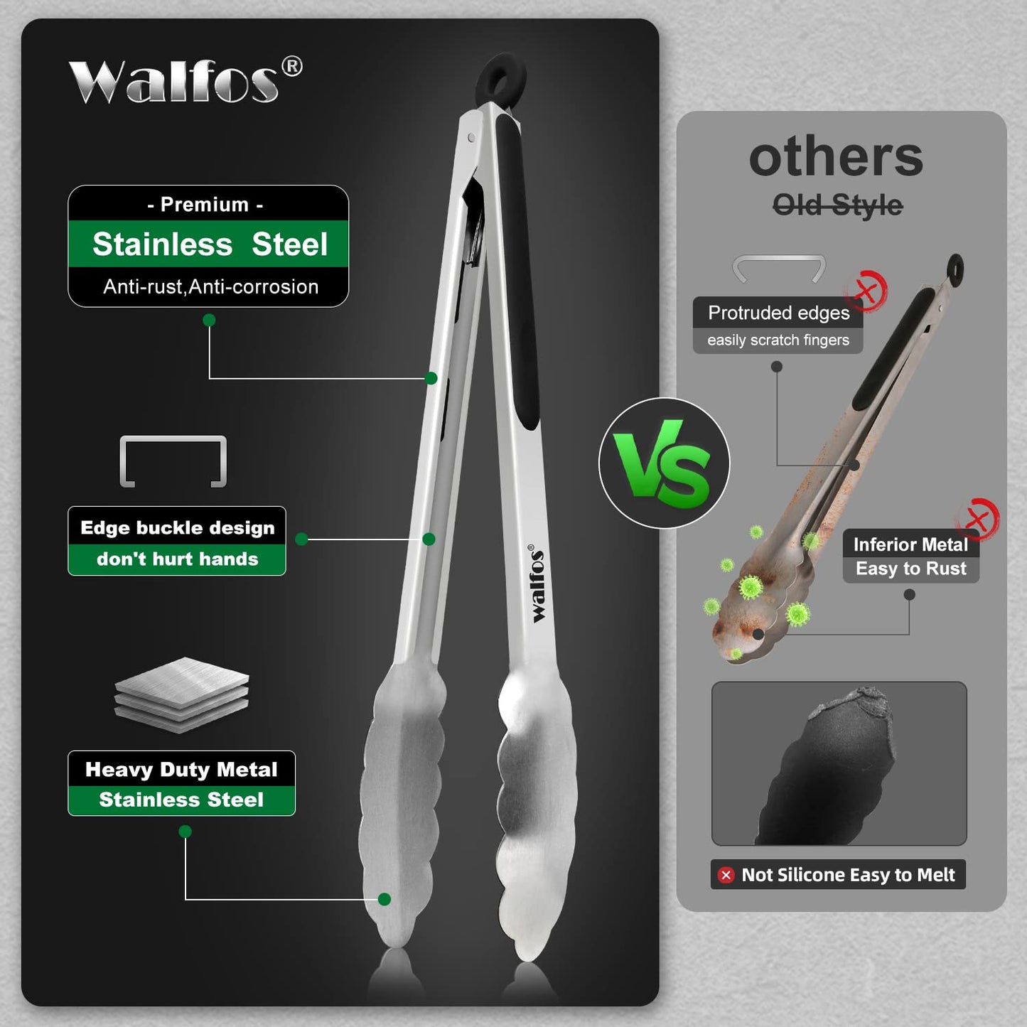 Food Grade Stainless Steel Kitchen Tongs for Cooking,BBQ - 7 ,9 and 12 Inch,Set of 3 Heavy Duty Locking Metal Food Tongs Non-Slip Grip