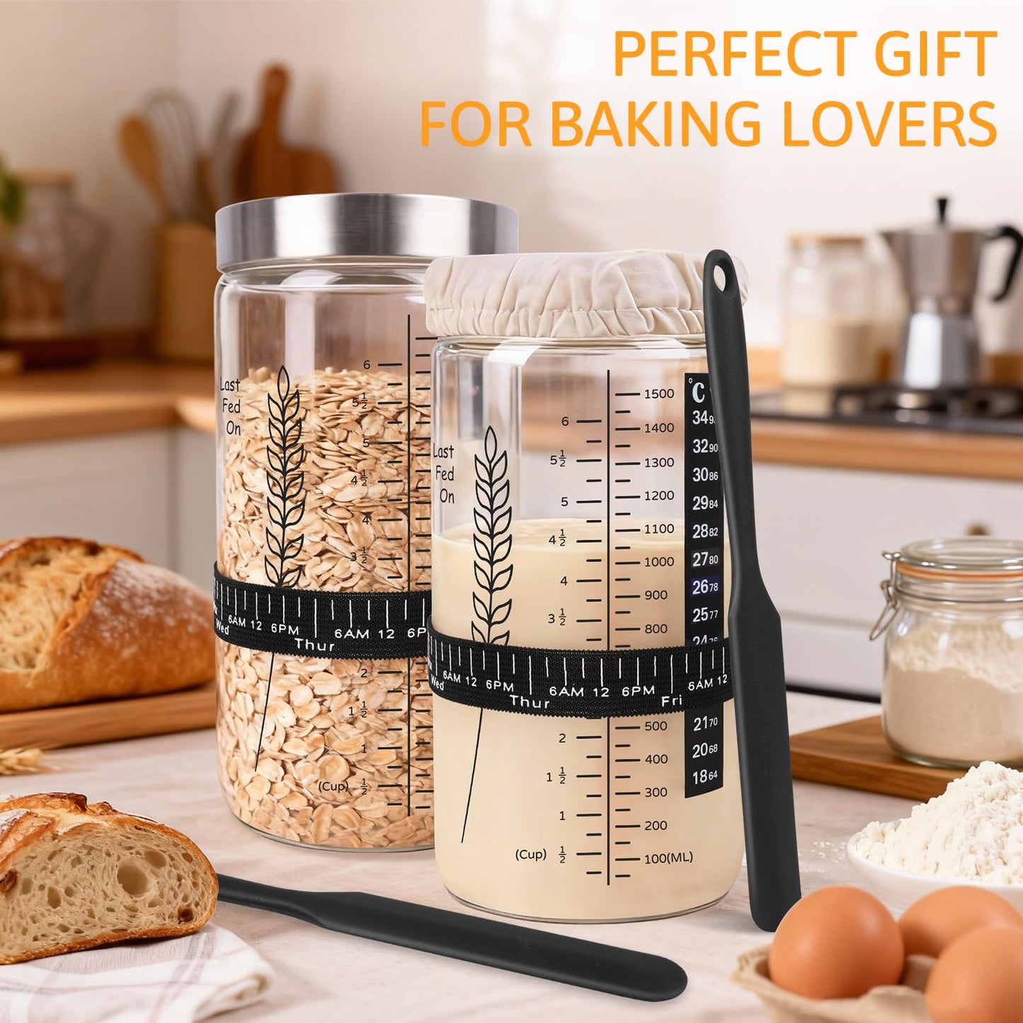 Rakovar Premium Sourdough Starter Jar Kit, 57oz Large Capacity Sourdough Jar, Sourdough Bread Starter Kit for Perfect Sour Dough Bread (Black, 2 Pack)