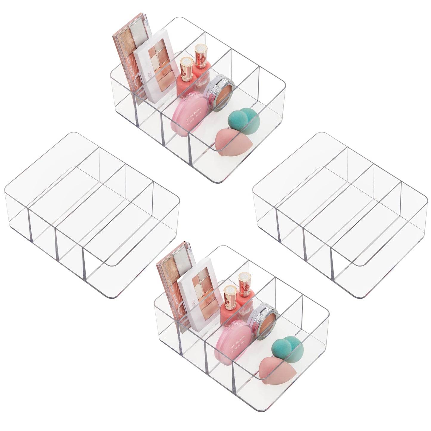 STORi 4-Compartment Clear Plastic Organizers (Set of 4) Rectangular Divided Makeup and Vanity Storage Bin, Use Upright for Eyeshadow Palettes, Made in USA
