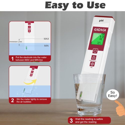 GIDIGI pH Meter for Water with Color Display pH Test Strip Function Pro Digital pH Level Tester ATC pH Calibration Kits Water Quality Tester for Pool Spa Hot Tub Hydroponics Aquarium Drinking Water