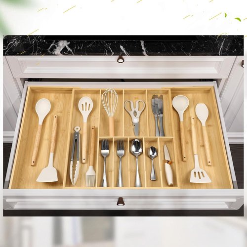 Fabsome Bamboo Silverware Organizer - Expandable Flatware Tray for Large Kitchen Drawers | 16.7'' to 30'' Wide