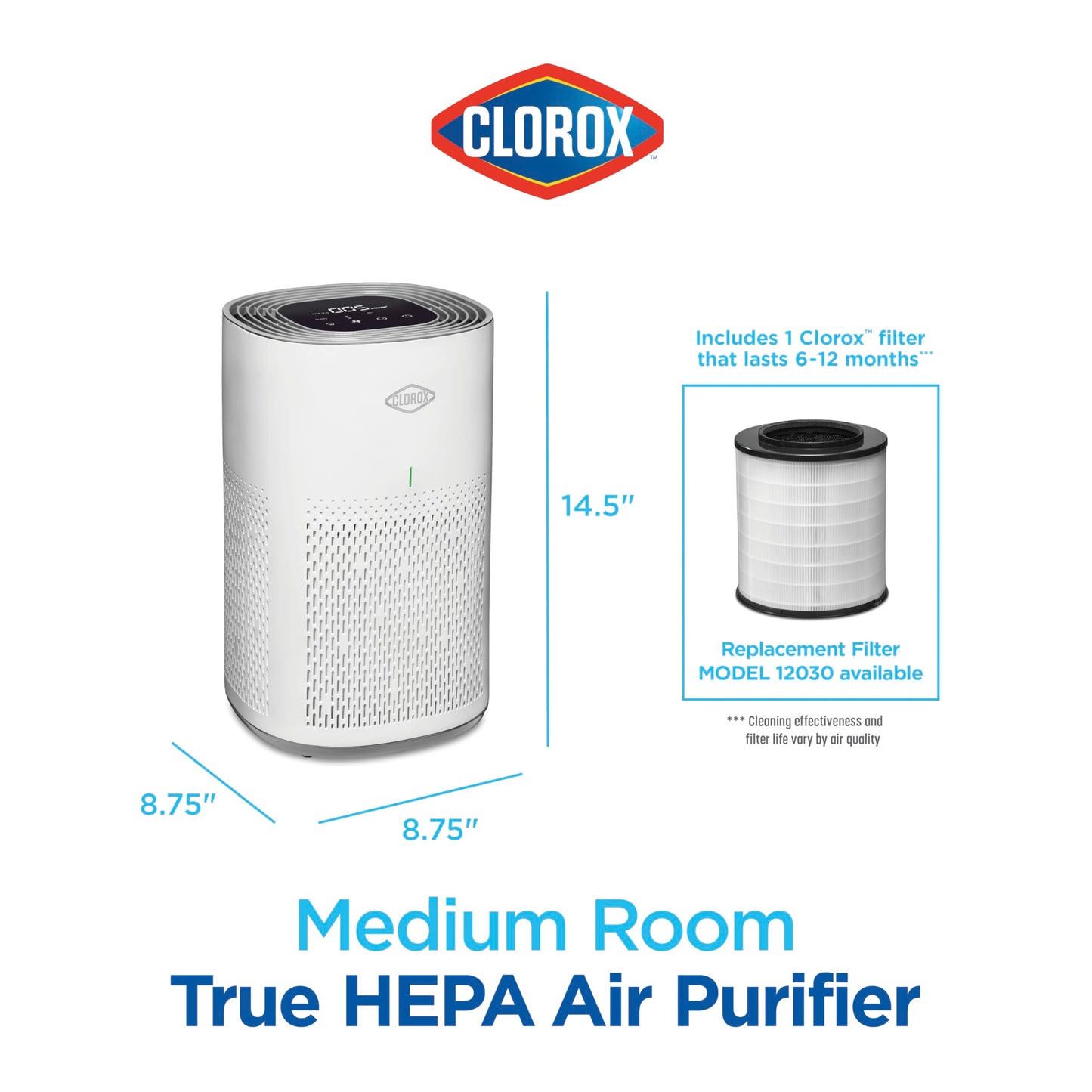 Clorox Air Purifiers for Home, True HEPA Filter, Medium Rooms Up to 1,000 Sq Ft, Removes 99.9% of Mold, Viruses, Wildfire Smoke, Allergens, Pet Allergies, Dust, AUTO Mode, Whisper Quiet